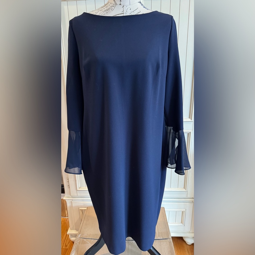 Calvin Klein Navy Blue Chiffon Bell sleeve dress Size 16 Free Shipping!